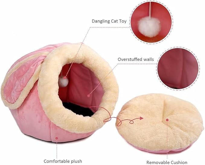 Cat Beds for Indoor Cats - Small Dog Bed with Anti-Slip Bottom, Rabbit-Shaped Cat/Small Dog Cave with Hanging Toy, Puppy Bed with Removable Cotton Pad, Super Soft Calming Pet Sofa Bed (Pink S)
