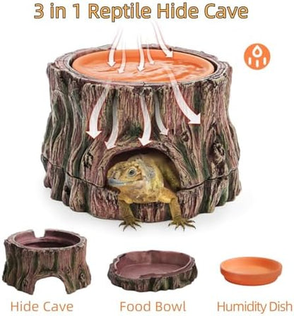 Reptile Hide Cave with Detachable Base, Humidity Dish