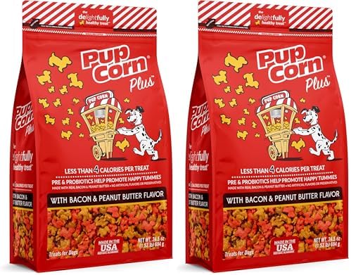 Pup Corn Plus - Puffed Dog Treats with Prebiotics and Probiotics - Bacon & Peanut Butter (24oz) - Made in USA (Pack of 2)