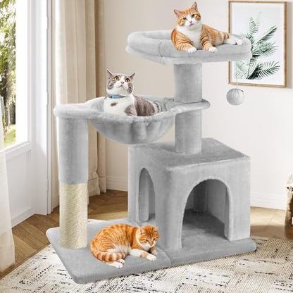 Allewie 29.5in Indoor Cat Tree, Multi-Level Cat Tower with Sisal Scratching Posts, Padded Perch, Basket, Condo, and Hanging Ball, Suitable for Kittens and Adult Felines, Grey