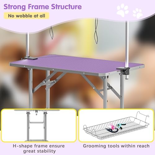 Lyromix 36'' Stainless Steel Pet Dog Grooming Table, Arm/Noose/Tray, Purple