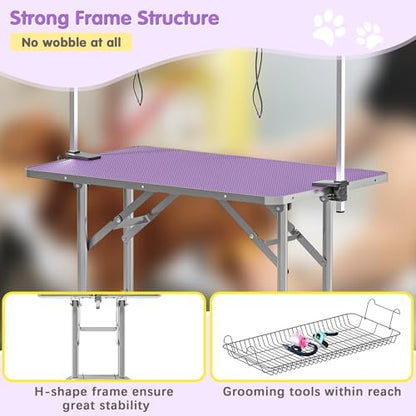 Lyromix 42'' Stainless Steel Pet Dog Grooming Table, Arm/Noose/Tray, Purple