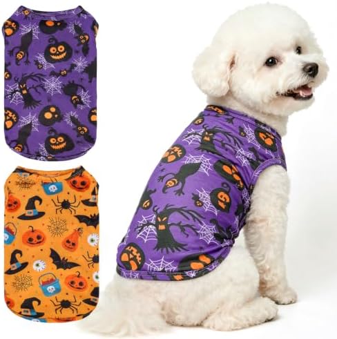 BINGPET 2PCS Dog Halloween Costume, Soft Cotton Puppy Shirt, Bat & Pumpkin