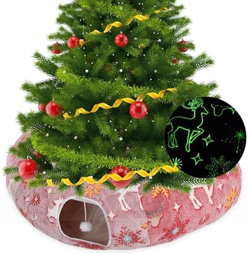 Cat Tunnel Christmas Tree Skirt 3 ft x 3 ft x 10 Inch Cat Bed Donut Cave Indoor Fluffy Circular with Mat and Ball Playground Toys for Festive Kitten Puppy Ferret Rabbit(Red,Elk)