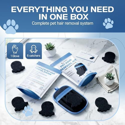 Pet Hair Remover Kit – New 2026 – Electrostatic Glove + 6 Fur-Releasing Laundry Octopuses – Dog & Cat Hair Removal for Furniture, Couch, Carpet, Car Seat, Clothes, Bedding, Washer & Dryer