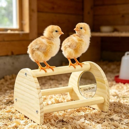 Pine Chicken Perch with Mirror, Strong Chick Jungle Gym Roosting Bar, Chicken Toys for Coop and Brooder, Training Perch Toys for Large Bird, Parrot, Macaw, Hens (Small)