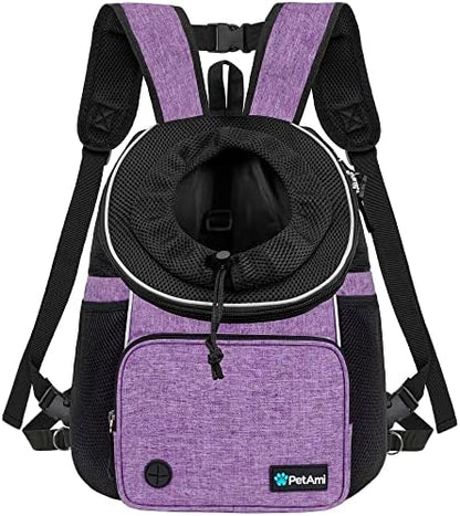 PetAmi Adjustable Cat & Dog Chest Carrier Backpack, Ventilated for Hiking & Camping, Max 10 lbs, Purple