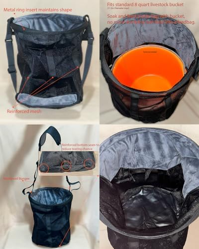 Reinforced Horse Mesh Feed Bag, Adjustable Strap, Padded Nose, Heavy Duty Horse Feed Bag, Reinforced Bottom Stitching, Holds 8qt Grain Bucket, no Mess, soak Feed in Bag, Horse Feed Bag