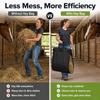 Hay Handler Bags Black Large Hay Feeder Flake Carrier for Horses Heavy Duty Nylon Holds 2 to 3 Flake Reinforced Handles Barn Stable Pasture Feeding Goats Livestock for Stable Feeding Farm