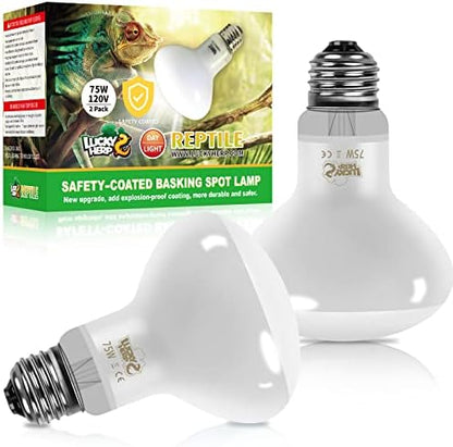 LUCKY HERP New Upgrade 75W Reptile Heat Lamp Bulb (3rd Gen, Safer), Amphibian Basking Spot Light Bulb, UVA Reptile Daylight Bulb for Turtle, Bearded Dragon, Lizard Heating Use (2 Pack)