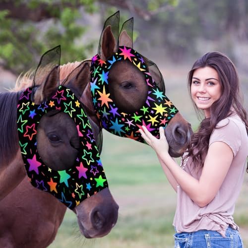 Weewooday 2 Pieces Horse Fly Masks for Horses Soft Fly Masks for Ears Smooth and Elasticity Mask with UV Protection(Star,M)