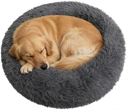 Calming Donut Dog Beds Large Sized Dog - Washable Removable Cover Non-Slip, Round Pet Bed Warming Fluffy Plush Faux Fur Anti-Anxiety Thick Cushion, Fits up to 80 lbs (Dark Grey, 36")