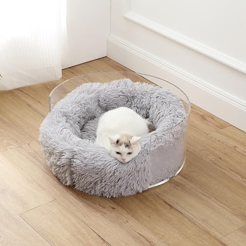 CBD2000A Bette 20.75" x 20.75" Small/Medium Modern Lucite Calming Fluffy Donut Pet Bed with Washable Cover, Light Gray/Clear