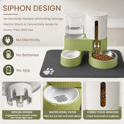 Gravity Cat Feeder 2 Pack Automatic Food Feeder and Water Dispenser Set Detachable Pet Bowl with Silicone Mat for Cats Small Medium Dogs, Large Capacity(Green)