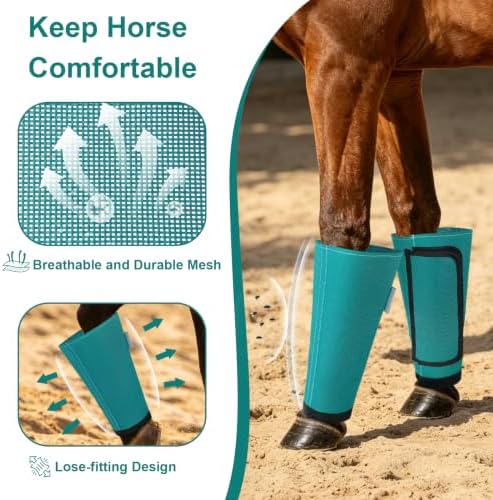 Fly Boots for Horses Set of 4, Equine Loose Fitting Leggings (Turquoise)