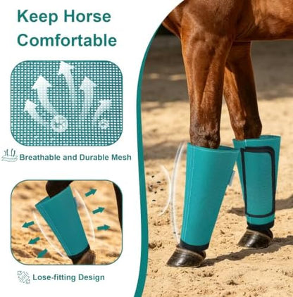 Fly Boots for Horses Set of 4, Equine Loose Fitting Leggings (Turquoise)