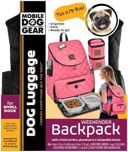 Mobile Dog Gear: Weekender Backpack - Black - Quilted Pet Travel Bag Holds Dog Accessories, Food Carriers, Silicone Bowls, Built-In Feeding Placemat