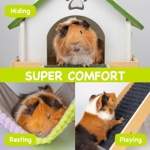 BESNEW 3 in 1 Enlarged Guinea Pig Hammock,Wooden Guinea Pig Hideout with House & Platform & Stairs Small Animal Toys for Hiding Sleeping Activities