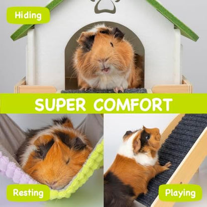 BESNEW 3 in 1 Enlarged Guinea Pig Hammock,Wooden Guinea Pig Hideout with House & Platform & Stairs Small Animal Toys for Hiding Sleeping Activities