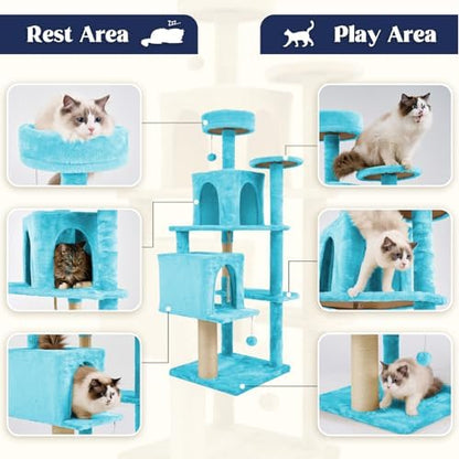 58.5inch Large Cat Tree Tower Condo for Indoor Cats, Soft Plush Multi-Level Climbing Tree Cat House, Scratching Post, More Entrance/Exit, Sisal Rope, Peacock Blue