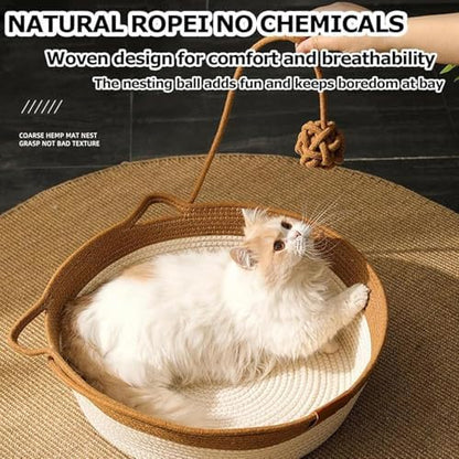 Instinct Basket, Stimuli Handwoven cat Basket Rope Cotton with Cushion, Eliminates Bed Rejection Round Pet Basket, Boho Catbed for Cats Handwoven Scratchable Breathable Weave (Small-B)