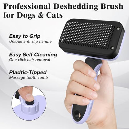 2PCS Self Cleaning Slicker Brush & Dog Comb - Skin Friendly Deshedding Grooming Tool for Dogs, Cats and Small Animals, Professional Deshedding Tool for Long and Short Haired Pets (Light Purple)