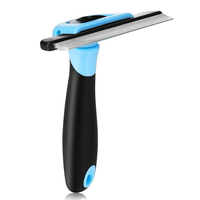 Flexzion Deshedding Dog Brush for Short Haired Dogs & Cats - Stainless Steel Dog Brush for Shedding Short Hair Pets Small, Medium, & Large - Professional Pet Grooming Comb Tool w/Safety Blade, Blue