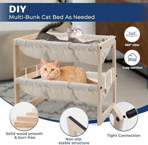 Elevated Cat Bed, Wooden Cat Hammock with Washable Thickened Cozy Cushion