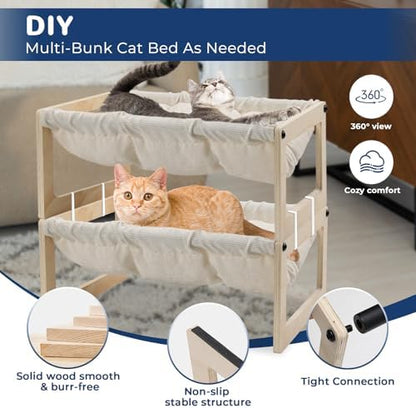 Elevated Cat Bed, Wooden Cat Hammock with Washable Thickened Cozy Cushion