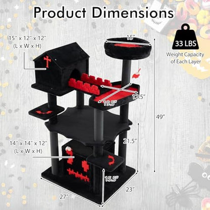 PETSITE 49 inch Gothic Cat Tree, Multi-Level Halloween Goth Cat Tree Tower with Coffin Bed, Scratching Posts, 2 Condos, Cozy Top Perch, Bat-Shaped Teasing Balls, Black