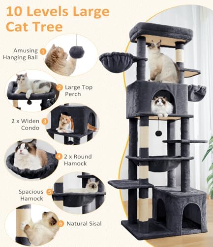 ABCPET 68" Multi-Level Large Cat Tree Tower for Indoor Cats, Grey