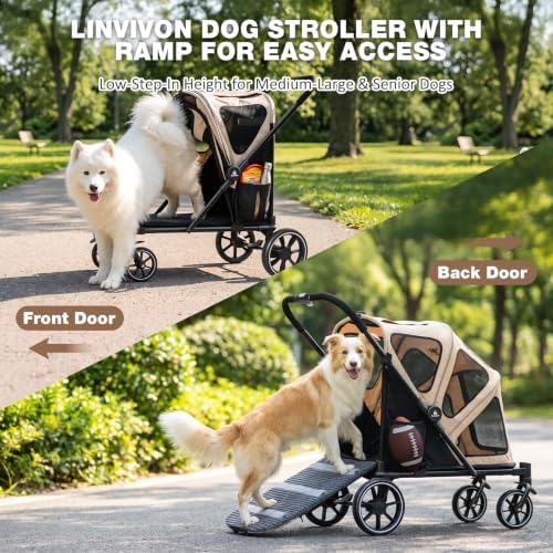 Dog Stroller for Medium Dogs 88lbs with Ramp for Easy Access Foldable Khaki