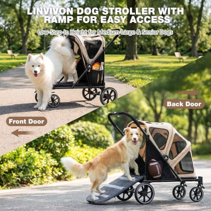Dog Stroller for Medium Dogs 88lbs with Ramp for Easy Access Foldable Khaki
