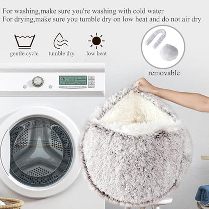 Keep Warm Lapcatz Nest Bed, Cat Bed Round Fluffy Hooded Cat Bed Cave, Anti-Slip Bottom and Machine Washable,Removable Washable Round Beds for Small Medium Pets (Coffee,70cm/27.5inch)