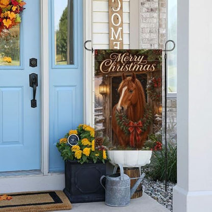 Merry Christmas Garden Flag 12x18 Inch Chestnut Horse Pine Wreath Red Bow Snowy Stable Lantern Rustic Winter Outdoor Yard Lawn Front Porch Welcome Double Sided Banner Decor