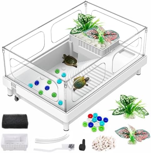 GOZILLA Small Turtle Tank Starter Kit, Acrylic Turtle Aquarium with Multi-Functional Areas for Turtles, Crabs, Crayfish, Small Reptiles. (White Tank)