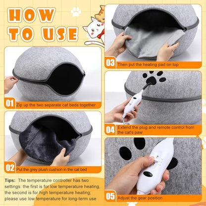 Beeveer Heated Cat Bed, Indoor Heated Cat Cave, Warmer Thermal Pet Bed with Removable Waterproof Heater for Kitty Small Dogs Gray(19.7X 17.8 x 13 Inches)