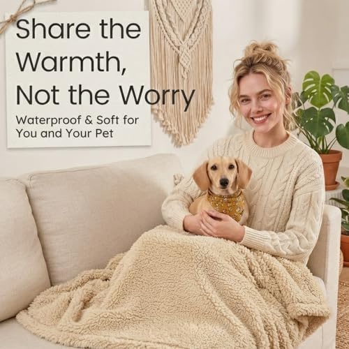 Waterproof Dog Blanket Reversible Pet Bed Cover Puppy Fluffy Cream Blankets Leakproof Sofa Couch Cover Cat Pet Blanket for Warm Washable-S