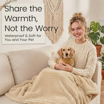 Waterproof Dog Blanket Reversible Pet Bed Cover Puppy Fluffy Cream Blankets Leakproof Sofa Couch Cover Cat Pet Blanket for Warm Washable-L