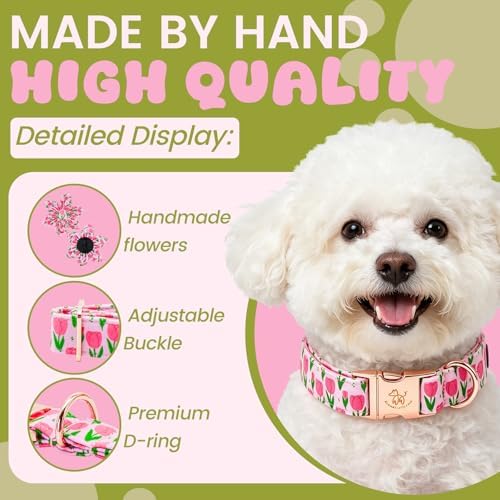 Elegant little tail Dog Collar with Flower, Pink Flower Girl Pet Collars for Female Dogs Floral Pet Adjustable Puppy Collars with Flowers for Small Medium Large Dogs