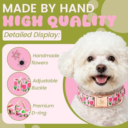 Elegant little tail Dog Collar with Flower, Pink Flower Girl Pet Collars for Female Dogs Floral Pet Adjustable Puppy Collars with Flowers for Small Medium Large Dogs