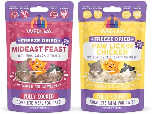 Bundle of Weruva Cat Freeze Dried Foods, Mideast Feast with Tilapia, and Paw Lickin' Chicken with Chicken Breast, 1oz Bags