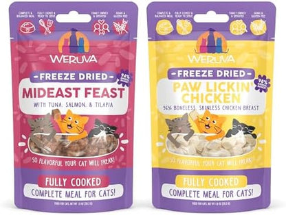 Bundle of Weruva Cat Freeze Dried Foods, Mideast Feast with Tilapia, and Paw Lickin' Chicken with Chicken Breast, 1oz Bags