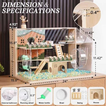 12 in 1 Large Wooden Hamster Cage with All Accessories, 24"*15.8"*15.8" 3-Layer Dwarf Hamster Cage Acrylic,Pastoral Style Mouse Cage for Pet Mice, Hedgehog, with Stairs, Fences and House
