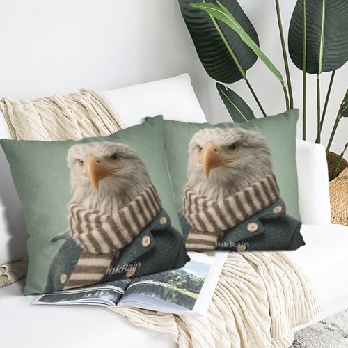 InkRain Winter Animal Cute Bald Eagle Pillow Cover 12x12 Inch Set of 2 Home Decor Decorative Cotton Linen Illustration Pillowcases for Living Room House Sofa