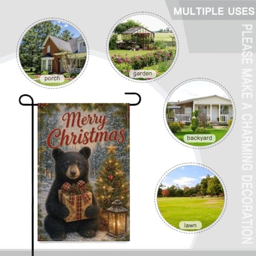 Christmas Black Bear Garden Flag 12x18 Inch Merry Holiday Cub Gift Tree Lantern Snowy Forest Rustic Farmhouse Outdoor Yard Lawn Porch Double Sided Banner Winter Welcome Decor
