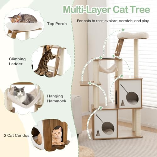 Tangkula Modern Cat Tree, 57 Inch Wood Cat Tower with Sisal Scratching Posts, Padded Top Perch, 2 Cat Condos, Hanging Hammock & Climbing Ladder, Multi-Layer Large Cat Tree Tower for Indoor Cats