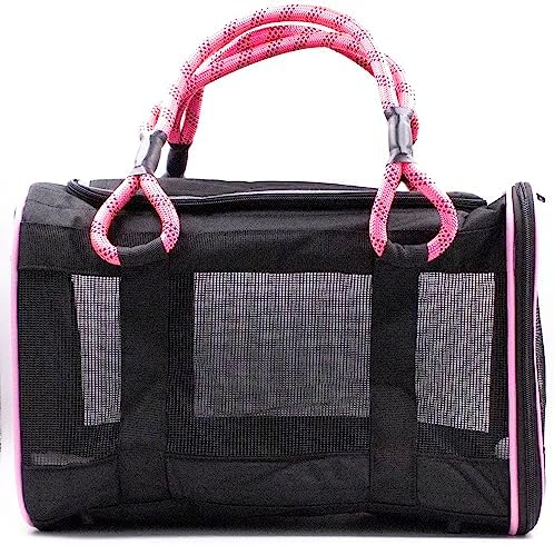 Buddy's Best Airline Approved Pet Carrier Black & Pink Heavy Duty, Fits Under Seat, TSA Compliant, Ventilated Mesh Design w/Waterproof Base & Reflective Safety Strips