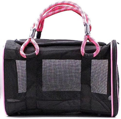 Buddy's Best Airline Approved Pet Carrier Black & Pink Heavy Duty, Fits Under Seat, TSA Compliant, Ventilated Mesh Design w/Waterproof Base & Reflective Safety Strips