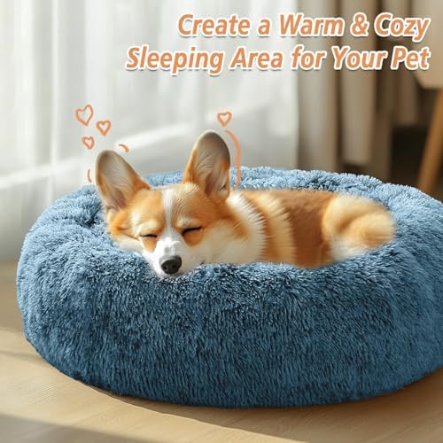 JOLLYVOGUE Calming Dog Bed for Small Dogs - 23 inches Donut Washable Small Dog Bed for Kittens & Puppies, Anti-Slip Round Fluffy Plush Faux Fur Cat Beds (Fits up to 25 lbs Pets, Blue)